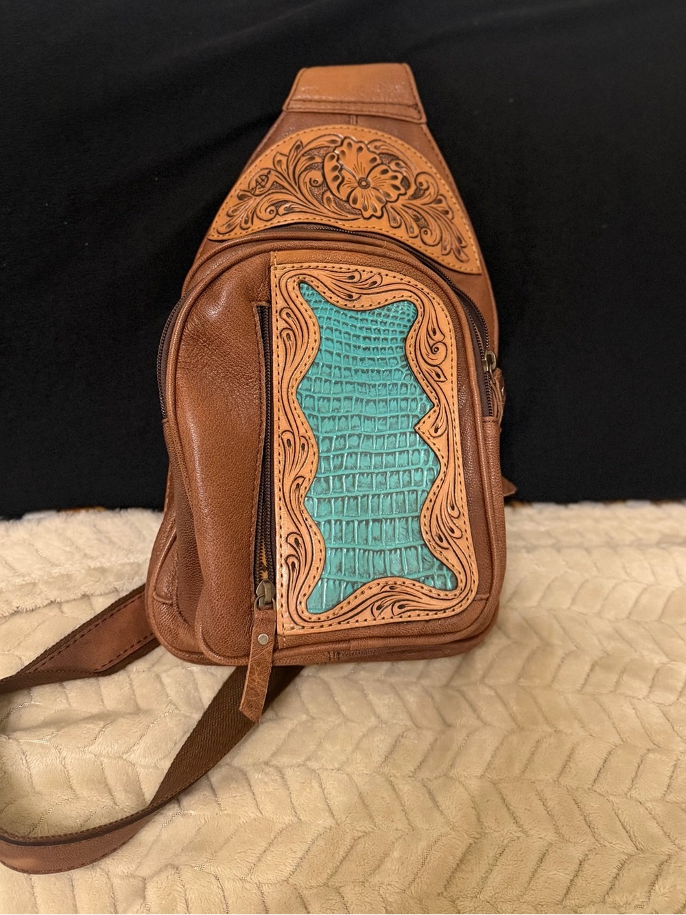 American Darling Brown Leather Crossbody with Turquoise Accent